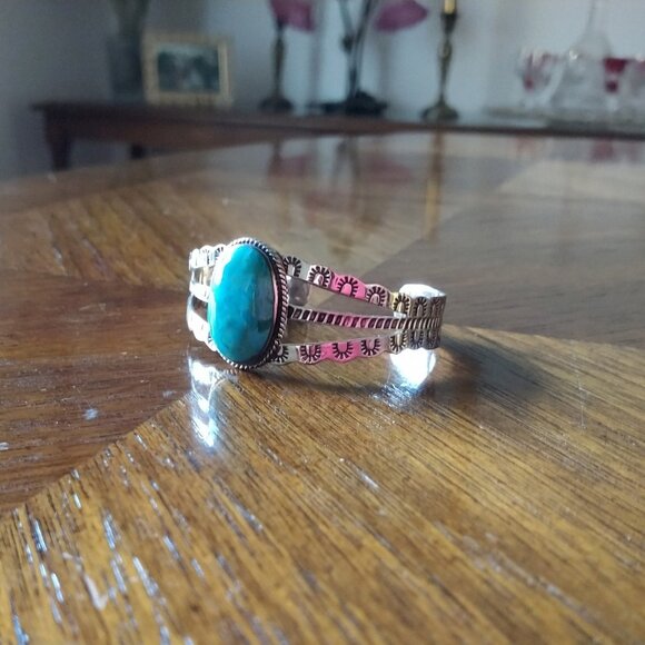 New Native American 925 Sterling Silver Turquoise Cuff Adjustable - Picture 3 of 7